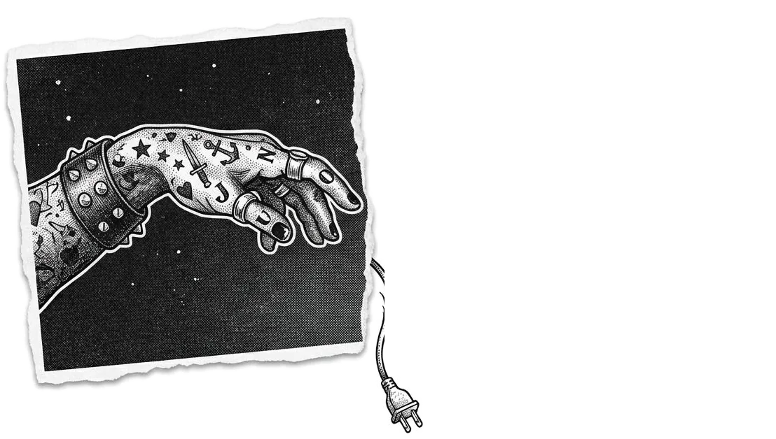 Mão tatuada com as letras JUNO, com um cabo desconectado