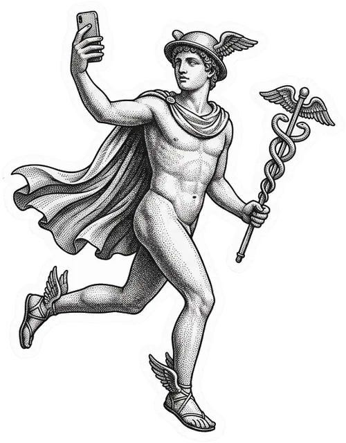 Hermes, o mensageiro dos deuses, segurando um celular
