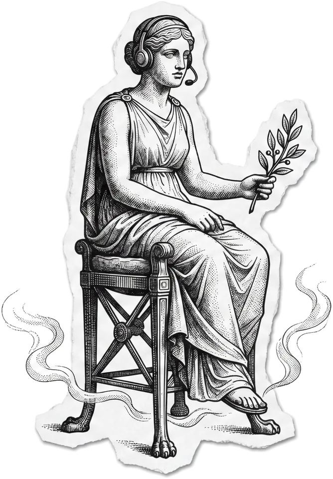 Pítia, o Oráculo de Delfos, com um headset de atendimento