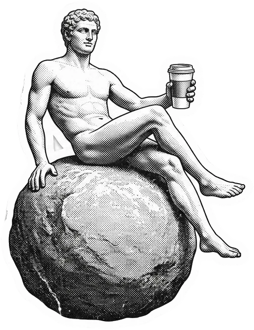 Sísifo sentado sobre a pedra, tomando café