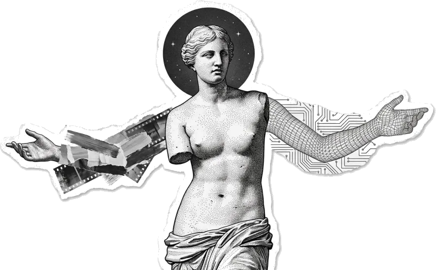 Vênus de Milo com braços reconstruídos: um de papel e filme, outro de circuitos